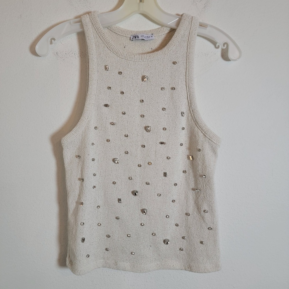 Zara Rhinestone Knit Tank Top Cream Ecru Medium Sparkle Sleeveless Shell